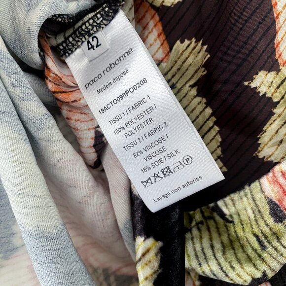 PACO Rabanne - Brown / Pink Multi Silk & Velvet Mixed Media Floral Rose V-Neck - Picture 11 of 14